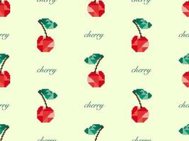 Cherry cartoon character seamless pattern on green background.  Pixel style vector