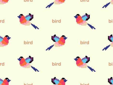 Bird cartoon character seamless pattern on yellow background.  Pixel style vector