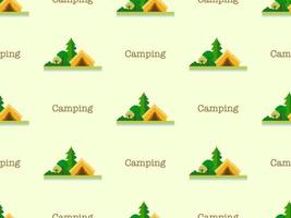 Camping cartoon character seamless pattern on yellow background. Pixel style vector