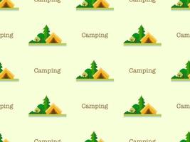 Camping cartoon character seamless pattern on yellow background. Pixel style vector