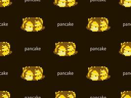 Pancake cartoon character seamless pattern on brown background. Pixel style vector