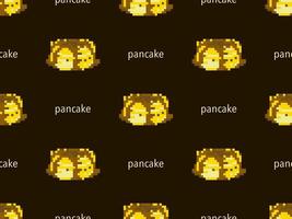 Pancake cartoon character seamless pattern on brown background. Pixel style vector