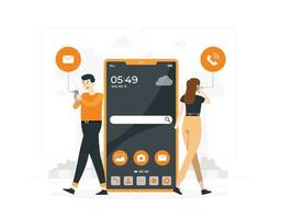 Man and woman hold mobile flat design vector