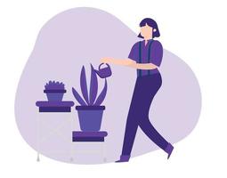 Female character watering flowers using can vector