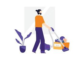 Male Character Vacuuming Home with Vacuum Cleaner in Living Room vector