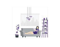 Girl relaxing at home reading book alone vector