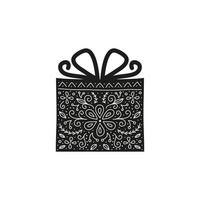 Doodle black present box with ornament in scandinavian folk art style isolated on white background. vector