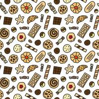 Seamless pattern with doodle colored cookies, waffles and candies. vector