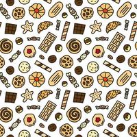 Seamless pattern with doodle colored cookies, waffles and candies. vector