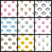 Set of colorful seamless patterns with doodle animal faces. vector