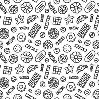 Black and white seamless pattern with doodle outline cookies, waffles and candies. vector