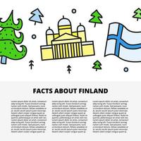 Article template with space for text and doodle colored finland icons including fir trees, Helsinki cathedral and flag isolated on white background. vector