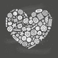 Doodle cookies, waffles and candies composed in heart shape. vector