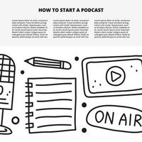 Article template with space for text and doodle outline podcast icons including microphone, notes, pencil, tablet, on air button isolated on white background. vector