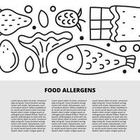 Article template with space for text and doodle outline food allergens icons including egg, strawberry, chanterelle mushroom, raspberry, fish, chocolate bar. vector