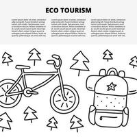 Article template with space for text and doodle outline eco tourism icons including bike, backpack, fir or pine trees isolated on white background. vector