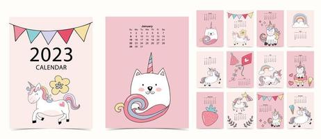 La semana del calendario de mesa 2023 comienza el domingo con unicornio y flor que se usa para tamaño a4 a5 digital e imprimible vertical vector