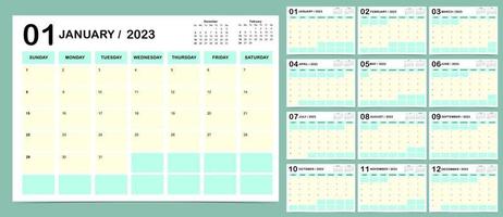 La semana del calendario de mesa 2023 comienza el domingo con color que se usa para digital vertical e imprimible vector