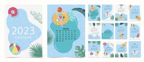 La semana del calendario de mesa 2023 comienza el domingo con la playa y la piscina que se usan para imprimir y digital vertical vector