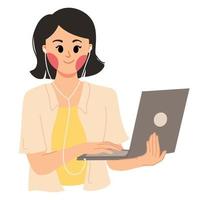 woman holding her laptop and wear headset while working illustration