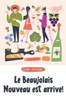 fiesta del vino beaujolais nouveau. ilustración vectorial, un conjunto de elementos de diseño para una fiesta del vino. la inscripción significa beaujolais nouveau ha llegado vector