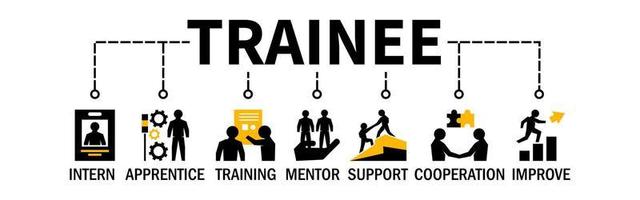 Trainee Banner Concept with Intern Apprentice Cooperation Training Improve Support Mentor icons vector