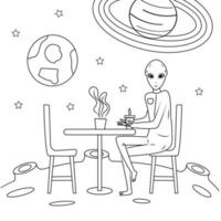 Alien está sentado en la mesa del café en la luna. el invasor del cosmos está tomando un café. vector de concepto ovni en estilo de contorno para colorear, web, banner.