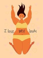 Body positive concept vector. Happy plus size girl wearing swimsuit and smiling. Active healthy lifestyle and love your body vector