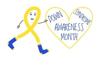 Down syndrome awareness month concept vector in blue and yellow colors. Cute cartoon ribbon clothing in socks is smiling