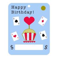 Happy Birthday celebration blank. Money postcard mock up with place for money. Greeting card with playing card illustration, funny design. Vector