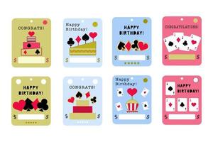 Feliz celebración de cumpleaños en blanco. postales de dinero con lugar para juego de dinero. tarjeta de felicitación con ilustración de naipes, diseño divertido. vector