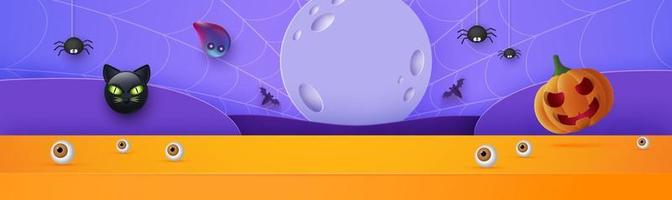 banner de feliz halloween o fondo de invitación de fiesta con luna, murciélagos, gato y divertidas calabazas ilustración vectorial. luna llena en el cielo, telarañas y estrellas. vector