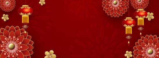 Chinese Greeting Card for 2023 New Year. Red chrysanthemums and golden sakura flowers, clouds and Asian elements on a red background. Vector illustration