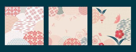 marco de flores. patrón japonés. celebración floral en estilo gráfico chino. tarjeta de invitación con símbolos geométricos. fondo asiático. estilo retro. vector