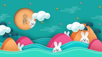 White rabbits with paper cut chinese clouds and flowers on geometric background for Chuseok festival. Hieroglyph translation is Mid autumn. Full moon frame with place for text. Vector illustration.