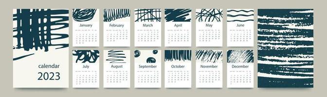 plantilla de calendario para 2023. diseño vertical con garabatos abstractos dibujados a mano. plantilla de página editable con ilustraciones a4, conjunto de 12 meses con portadas. ilustración vectorial vector