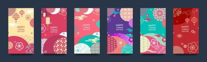 Happy New Year 2023 Chinese New Year. Set of greeting cards, envelopes with geometric patterns, flowers and lanterns. Vector illustration.