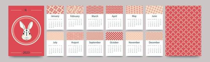 Calendar template for 2023. Vertical design with a Chinese theme. Traditional patterns. Editable page template with A4 illustrations, set of 12 months with covers. Vector illustration.