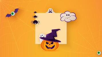 Happy Halloween banner or party invitation background with bats, spiders and funny pumpkins in paper cut style. Square frame. Vector illustration. Place for text