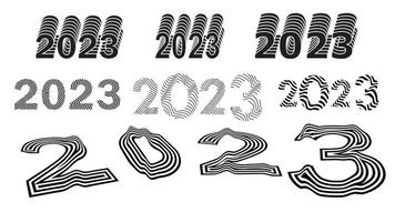 Big set of numbers 2023. Number design template 2023. Collection of Happy New Year symbols. Black and white curved numbers. Vector illustration .