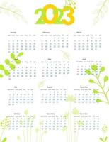 Yearly calendar template 2023. Week starts on Sunday. Calendar design in a minimalist style. Plant doodles. Vector illustration