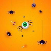 Happy Halloween banner or party invitation orange background with spiders and sweets in paper cut style. Vector illustration. Place for text