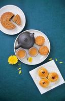 Moon cake for Mid-Autumn Festival, delicious beautiful fresh mooncake on a plate over blue background table, top view, flat lay layout design concept. photo