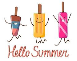 A postcard with the characters of a cheerful ice cream with the inscription hello summer. vector