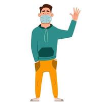 A fashionable handsome man in medical clothes greets. Friendly greeting of a young guy. vector