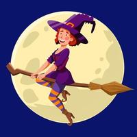 A pretty witch with red curly hair, flying at night on a broomstick. vector