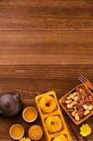 Moon cake for Mid-Autumn Festival, delicious beautiful fresh mooncake on a plate over dark wooden background table, top view, flat lay layout design concept. photo