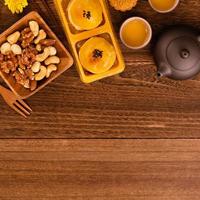 Moon cake for Mid-Autumn Festival, delicious beautiful fresh mooncake on a plate over dark wooden background table, top view, flat lay layout design concept. photo