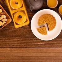 Moon cake for Mid-Autumn Festival, delicious beautiful fresh mooncake on a plate over dark wooden background table, top view, flat lay layout design concept. photo