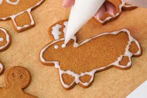 mujer joven está decorando galletas de casa de pan de jengibre de navidad en casa con cobertura de glaseado en bolsa de hielo, primer plano, estilo de vida. foto